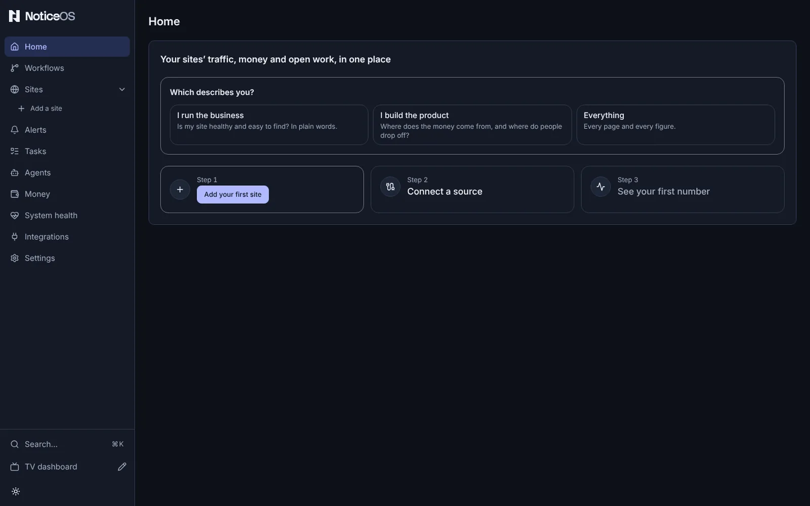 The first-run box on Home in a new installation with no site yet: Which describes you? with I run the business, I build the product and Everything, each with its line, above Step 1 Add your first site, Step 2 Connect a source and Step 3 See your first number.